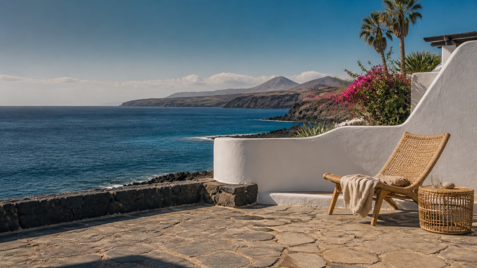 Terrazza canaria affacciata sull’Atlantico, tra costa vulcanica e palme